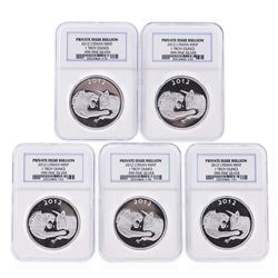 Set of (5) 2012 Lydian Mint .999 Silver 1 Troy Ounce Coins NGC Certified
