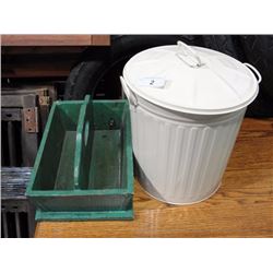 Painted garbage can and clothespin box