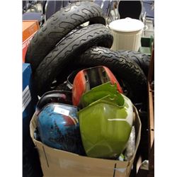 Lot of vintage motorcycle parts inc: gas tanks, tires, handlebars etc