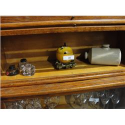 Shelf lot w/inkwells, condiment pot etc