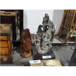 Asian carved wood figure and carved stone figure on marble base