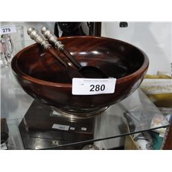 Mahogany salad bowl and tongs w/sterling base and handles