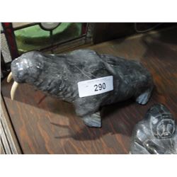 Large carved soapstone walrus w/ivory tusks