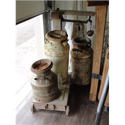 Antique grain scale, 3 cream cans and 1940's Orange Crush bottle