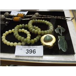 3 bracelets, brass pill box w/jade stone, and 2 jade pendants