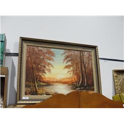 Oil on board titled SCARLET AUTUMN FRASER VALLEY signed Maurice Pratt