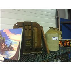 SHELF LOT OF COLLECTABLE ITEMS - ANTIQUE RADIO, STONEWARE CROCK JUGS, PICTURES