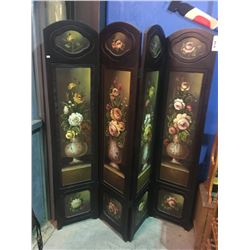 4 PANEL FLORAL PAINTED ROOM DIVIDER/DRESSING SCREEN - MINOR DAMAGE TO ONE SMALL PANEL