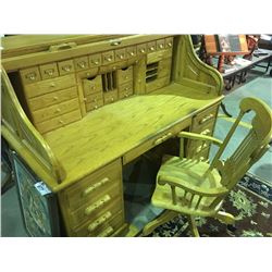 DOUBLE PEDESTAL OAK ROLL TOP DESK WITH CHAIR