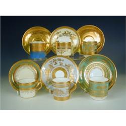 Six 20th Century Minton cabinet cups and saucers with acid-etched decoration, 1 saucer matched...
