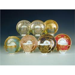 Seven 20th Century Minton cabinet cups and saucers with acid-etched decoration, (one cup with...