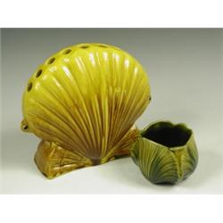 An Ault pottery shell-shaped flower stand, and a shell-shaped vase, 17cm high and 6.5cm high<b...