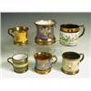 Image 1 : Six copper lustre mugs; three with concave shaped bodies, one with a printed and coloured chin...