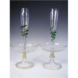 A near pair of l9th Century glass centrepieces the single flute with an applied green serpent...