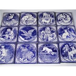 A set of 12 Minton blue and white fable series tiles, designed by J. Moyr Smith, c.1872, 15 x...