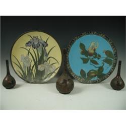 Two late 19th Century cloisonnT plates, decorated with iris or finger citron, 30cm diameter, a...