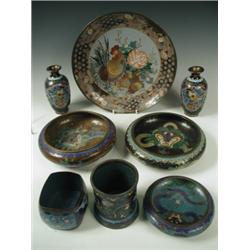 Seven various cloisonnT items, including a cockerel plate, 30cm, bowls and vases, (various dam...