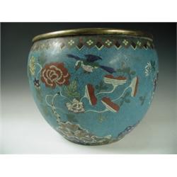 A large 19th Century Japanese cloisonnT jardiniFre, decorated with birds and flowers, 32cm hig...