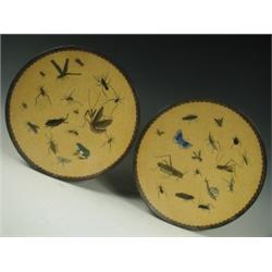 A pair of late 19th Century Japanese CloisonnT yellow-ground insect plates, 30cm diameter E...