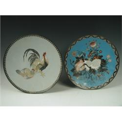 Two late 19th Century Japanese cloisonnT plates decorated with cockerels and cranes, 30cm diam...