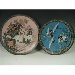 Two late 19th Century Japanese cloisonnT plates decorated with cranes, largest 36cm diameter<b...