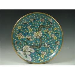 A late 19th Century Chinese cloisonnT plate, decorated with butterflies and foliage, 36cm E...
