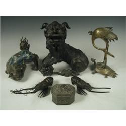 Five 19th Century Chinese bronzes: A pair of crayfish; a crane on a turtle; a cloisonnT Shi-sh...