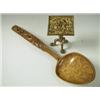 Image 1 : A miniature brass tripod table, the hinged top cast with a scene of monkeys in a wood, on a ba...