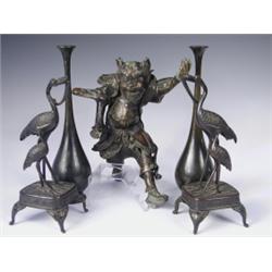 A pair of l9th Century Japanese bronze vases of slender form, a pair of Japanese bronze incens...