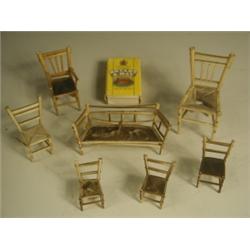Six miniature 'feather' chairs and a settee, 19th Century, tallest 8cm, (made from birds feath...