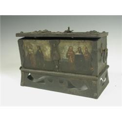 A 19th Century continental iron casket, decorated with religious figures to the front, an inte...
