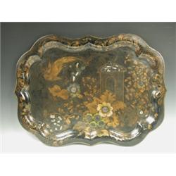 A 19th Century toleware tray, decorated with a bird and flowers, and mother of pearl, 55 x 75c...