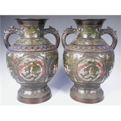 A pair of l9th Century Japanese bronze vases with champleve enamel decoration signed square se...