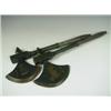 Image 1 : A pair of ceremonial axes, painted green with crests and symbols, 56cm Est. 200/300...
