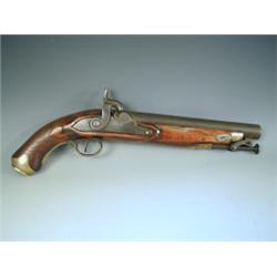 A percussion holster pistol of Dragoon type with plain steel barrel, unsigned lockplate, hatch...