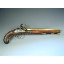 A Flintlock pistol by 'Bunny, London', the brass octagonal and turned barrel with engraved loc...