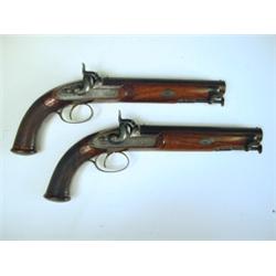 A pair of percussion pistols by H James London with flat top barrel, dolphin hammer, damascus...