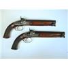 Image 1 : A pair of percussion pistols by H James London with flat top barrel, dolphin hammer, damascus...