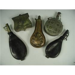 Five various powder or shot flasks: 2 leather, 1 copper and 2 Middle Eastern brass Est. 80/...