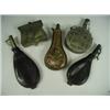 Image 1 : Five various powder or shot flasks: 2 leather, 1 copper and 2 Middle Eastern brass Est. 80/...