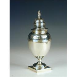 An Edwardian silver sugar sifter, of urn shape with a flaming torch finial, makers mark for He...