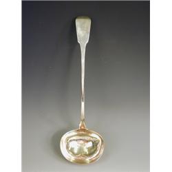 A George IV silver fiddle pattern ladle, the terminal with a seated greyhound, makers mark T.B...