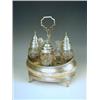 Image 1 : A George III silver cruet of boat shape with bright cut decoration, a wooden base and five mat...
