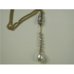 An old cut diamond and cultured pearl pendant, 4.5cm long, on a 50cm 9ct gold chain Est. 15...
