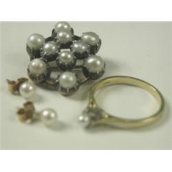Three cultured pearl set items: a brooch, an 18ct gold ring and a pair of 9ct gold earstuds<br...