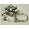 Image 1 : Three cultured pearl set items: a brooch, an 18ct gold ring and a pair of 9ct gold earstuds<br...