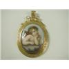 Image 1 : A painted porcelain plaque pendant with mother of pearl back and within a yellow metal scroll...