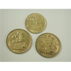 Two gold sovereigns 1904 and 1907 and a gold half sovereign 1907 Est. 100/120...