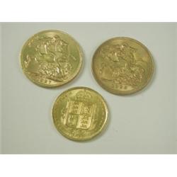 Two gold sovereigns: 1927 and 1929, and a half sovereign 1887 Est. 100/120...