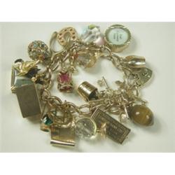 A 9ct gold charm bracelet with 19 various charms, heart padlock and safety chain, 16cm long<br...